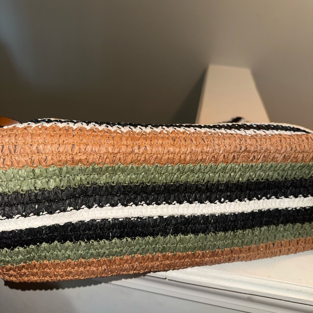 Striped Straw Tote Bag - Brown/Green/Black - Picture 3 of 5